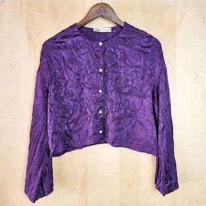 Zara purple satin jacquard crop top blouse with button accents